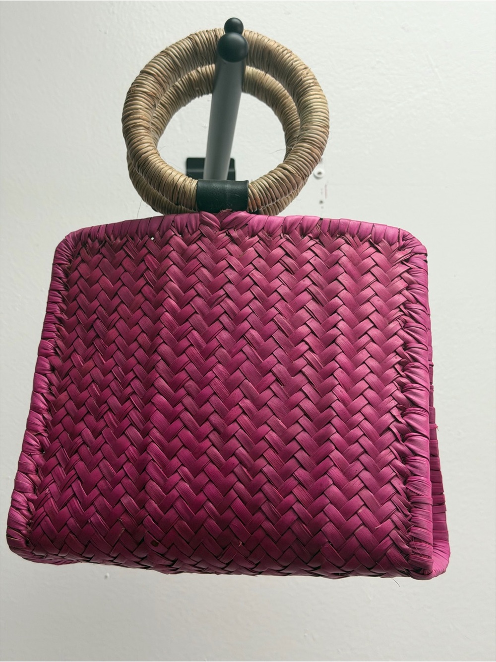 Handwoven Pink Straw Tote with Round Handle